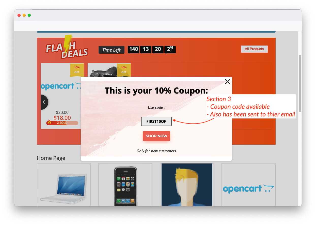 coupon code for first time checkout opencart